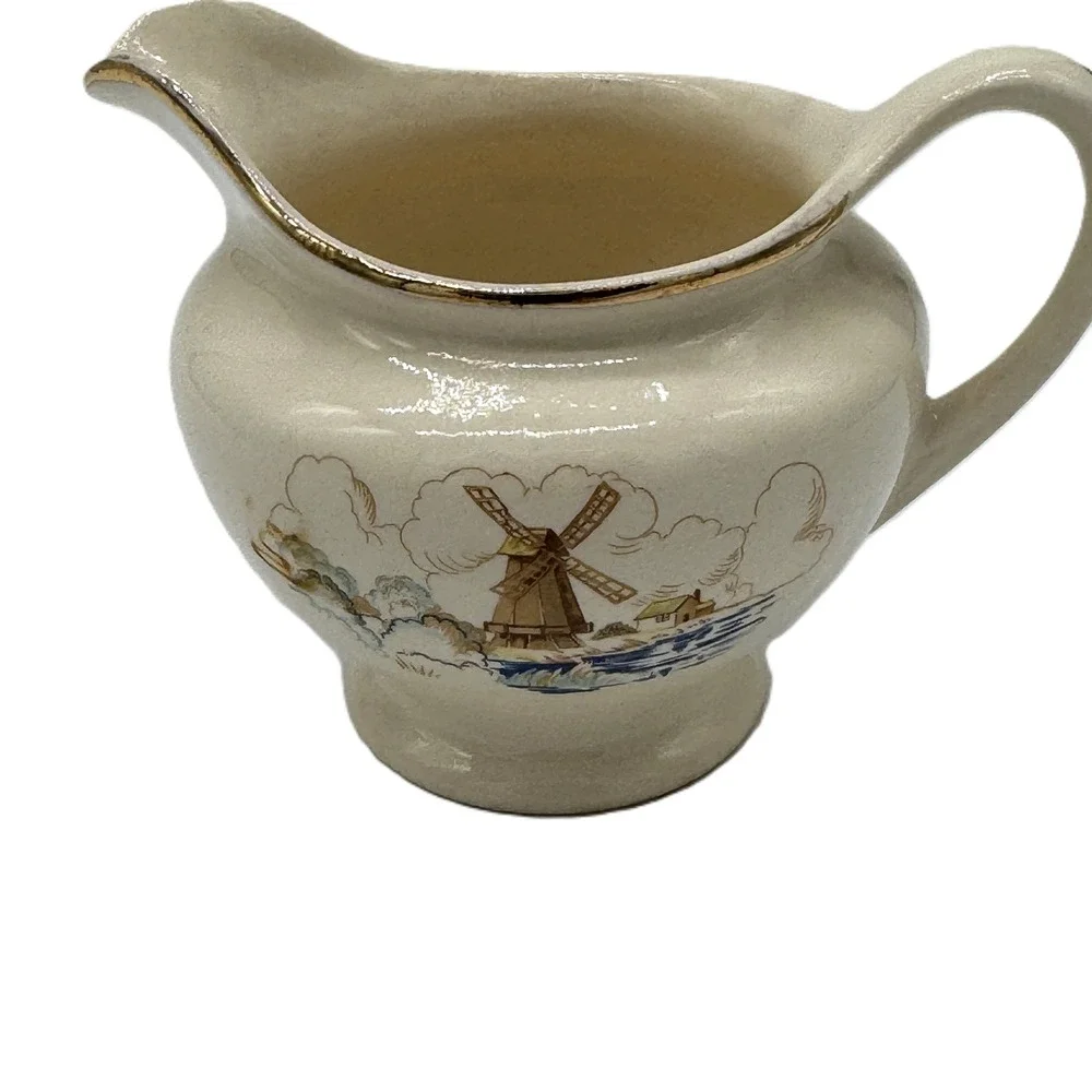Vintage Windmill Scene Ceramic Creamer Pitcher Gold Rim Cream Small Dutch Style
